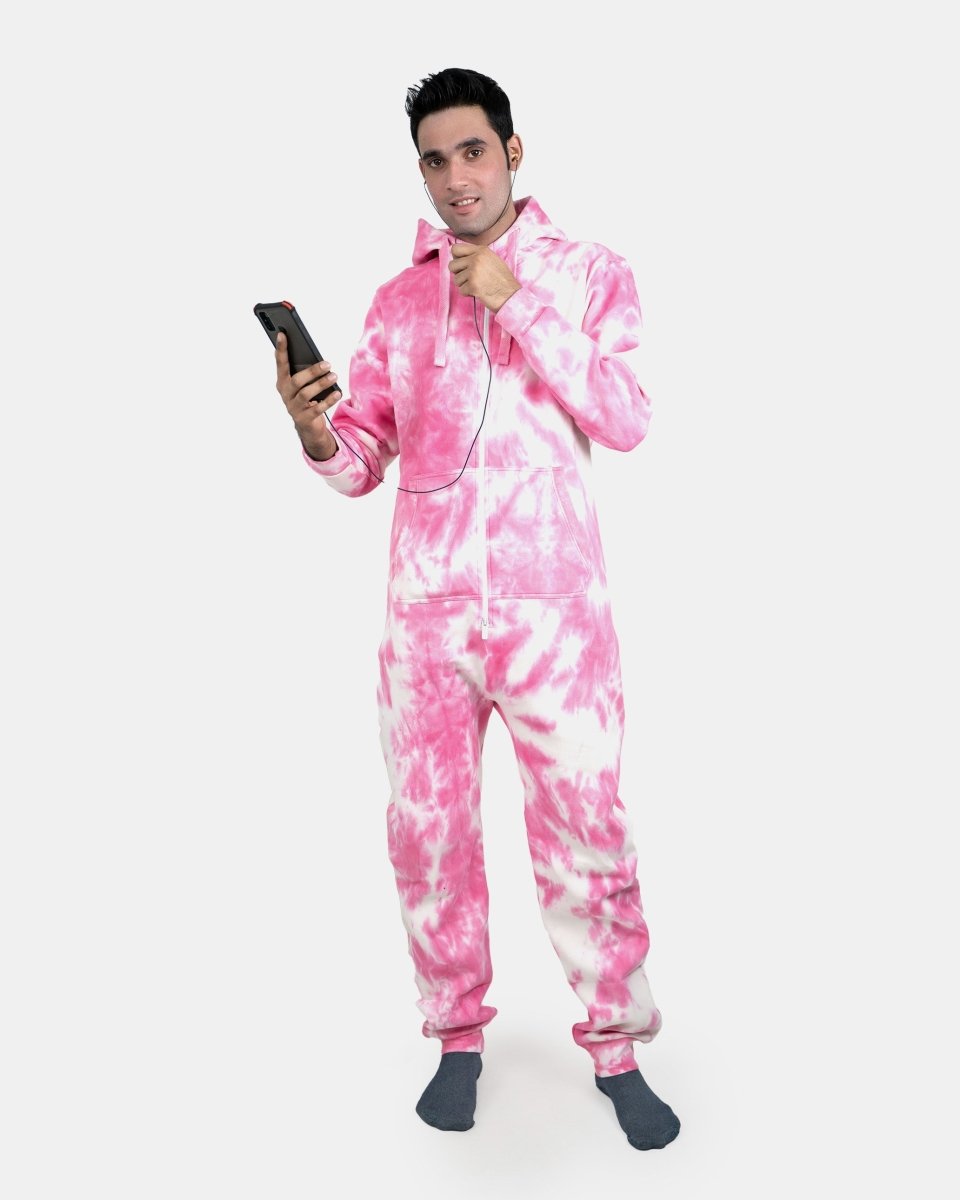 Pink Men's Fleece Tie - Dye Onesie