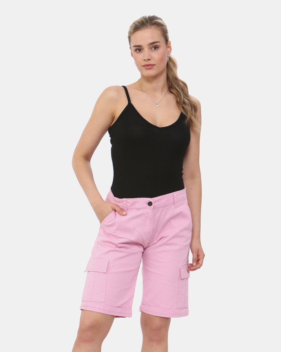Pink Turned Hem Bengaline Casual Shorts