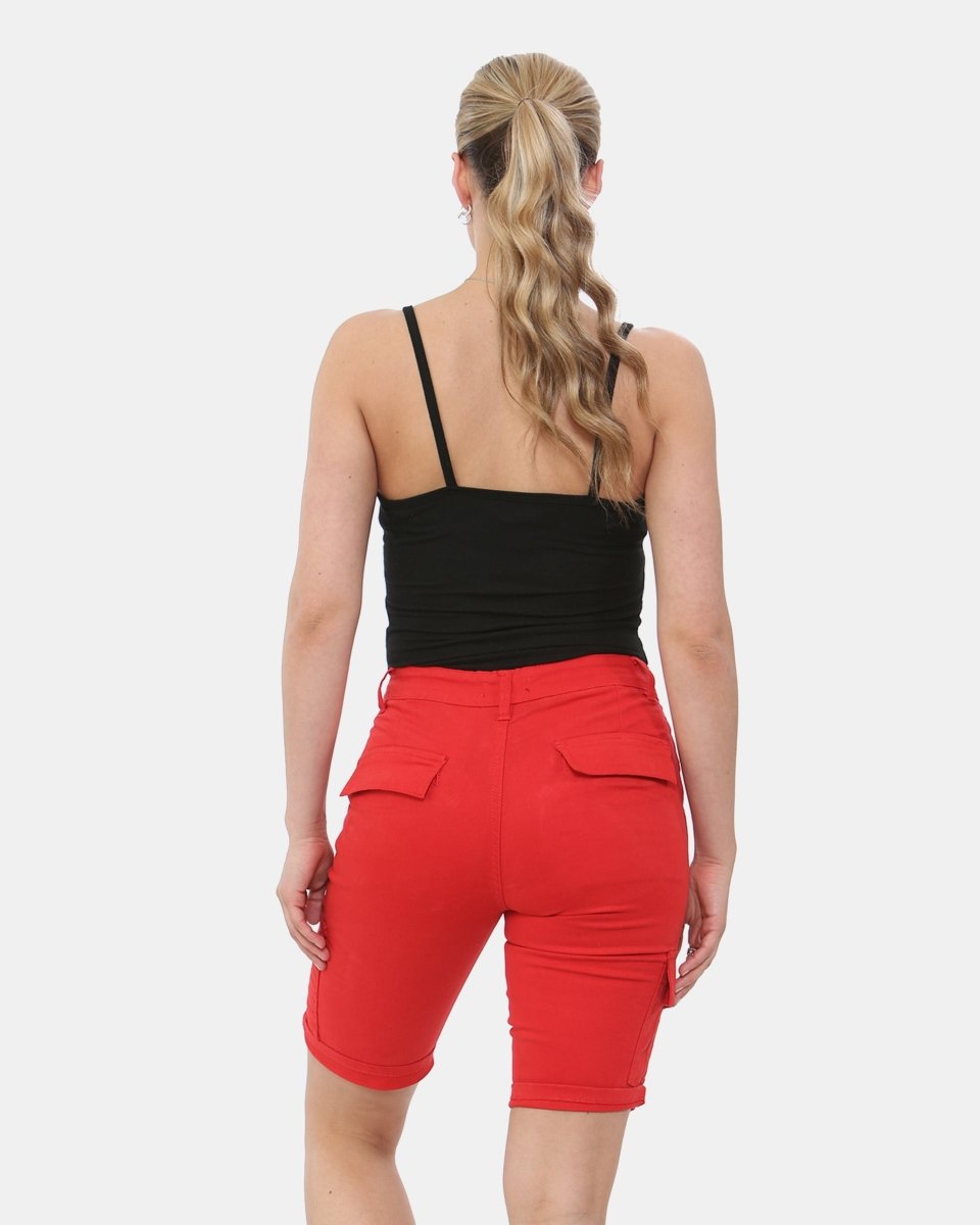 Red Turned Hem Bengaline Casual Shorts