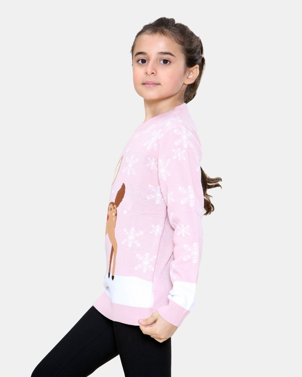 Reindeer Pink Girls Christmas Jumper