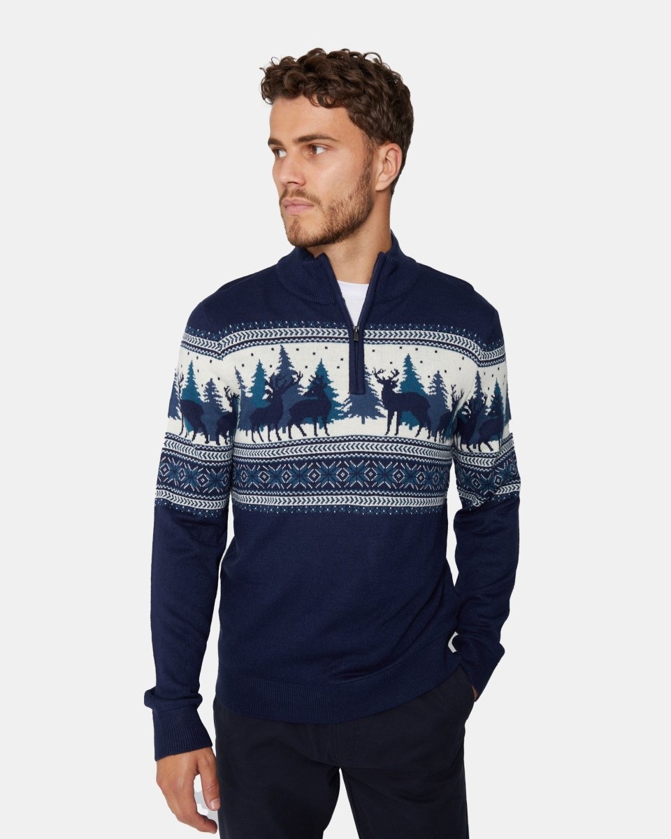 Reindeer Tree Navy Chunky Knit Christmas Jumper - Noroze