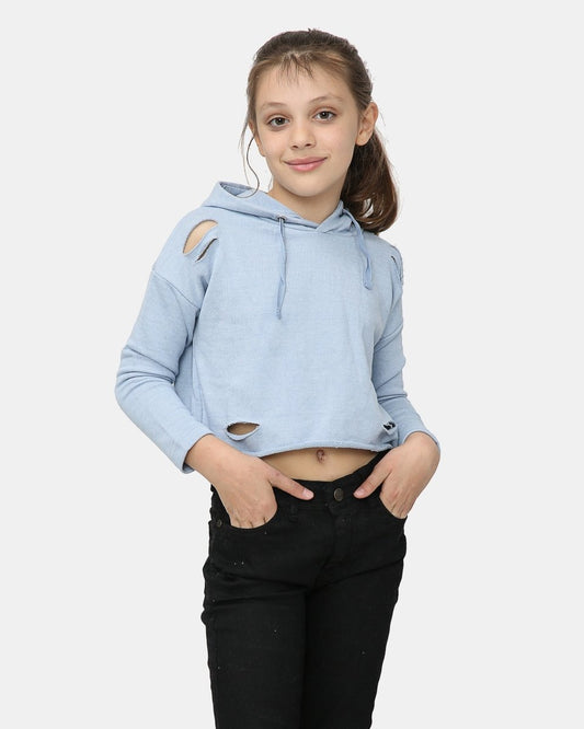 Ripped Dusk Blue Girl's Long - Sleeve Hoodie