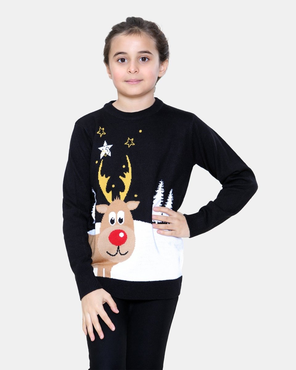 Rudolph Black Kids Christmas Jumpers