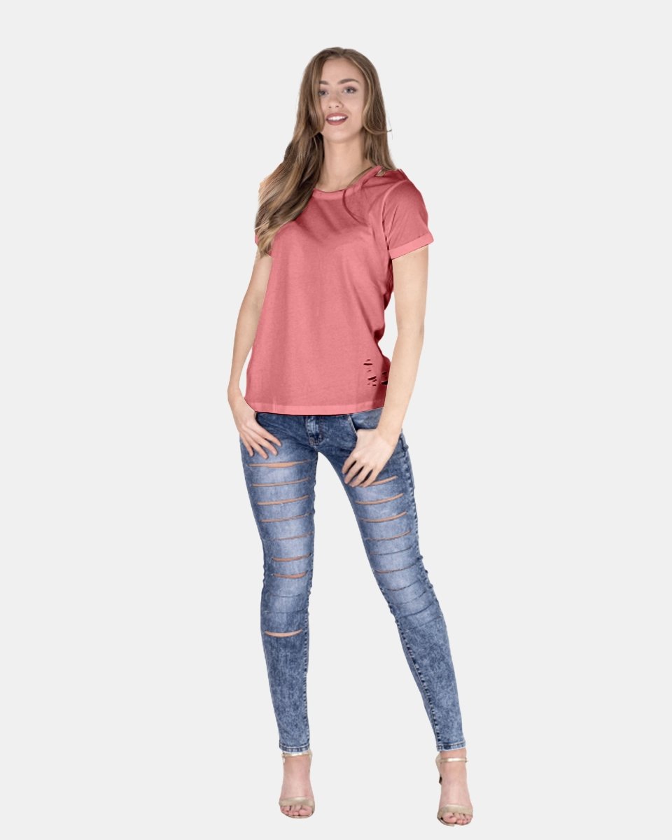 Rust Ripped Holes Rounded Neck T-Shirt