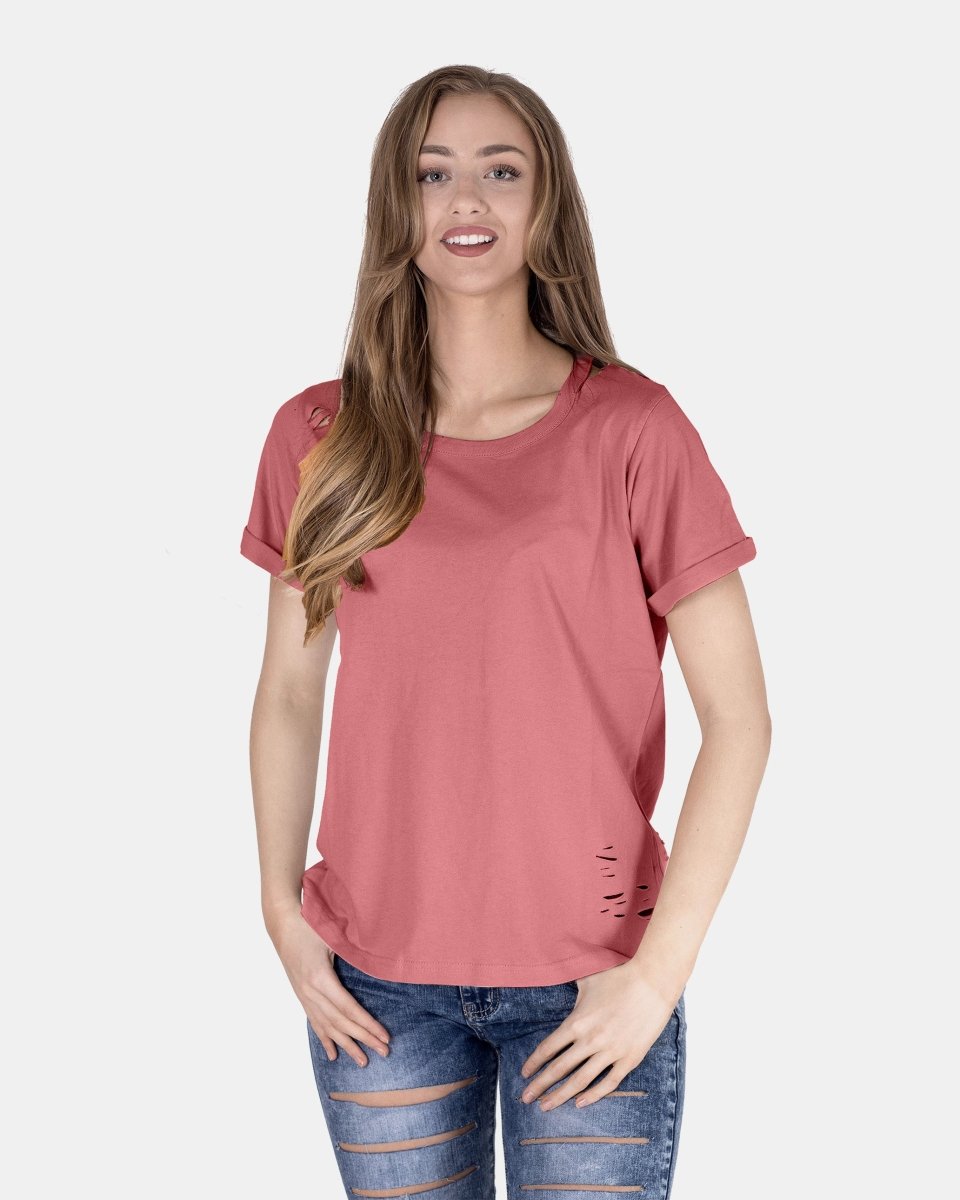 Rust Ripped Holes Rounded Neck T-Shirt