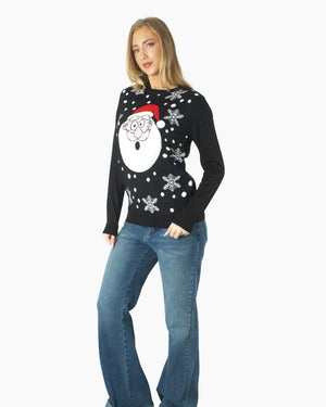 Santa Head Black Festive Womens Jumper