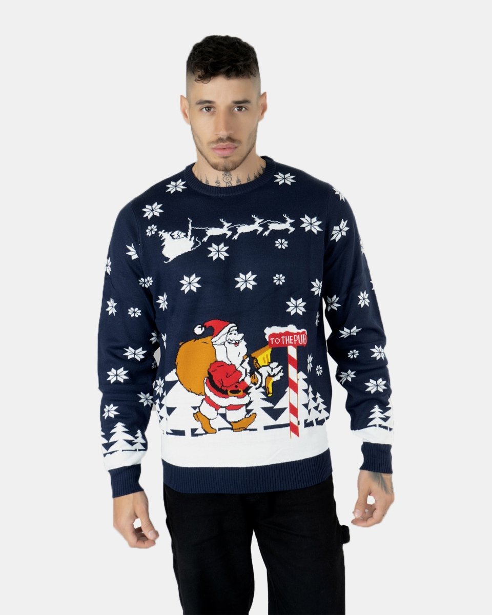 Santa to the Pub Navy Novelty Jumpers