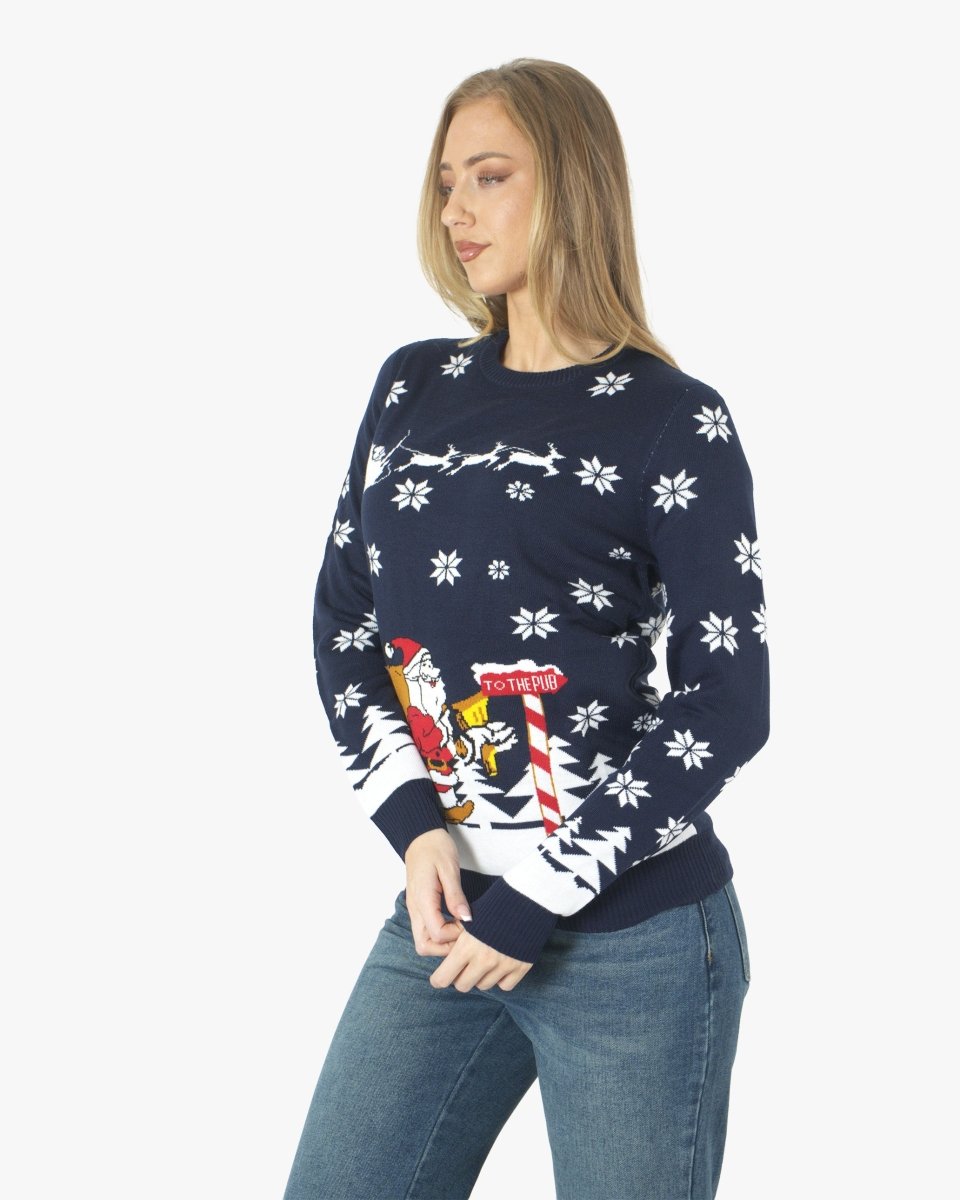 Santa to the Pub Navy Novelty Womens Jumpers