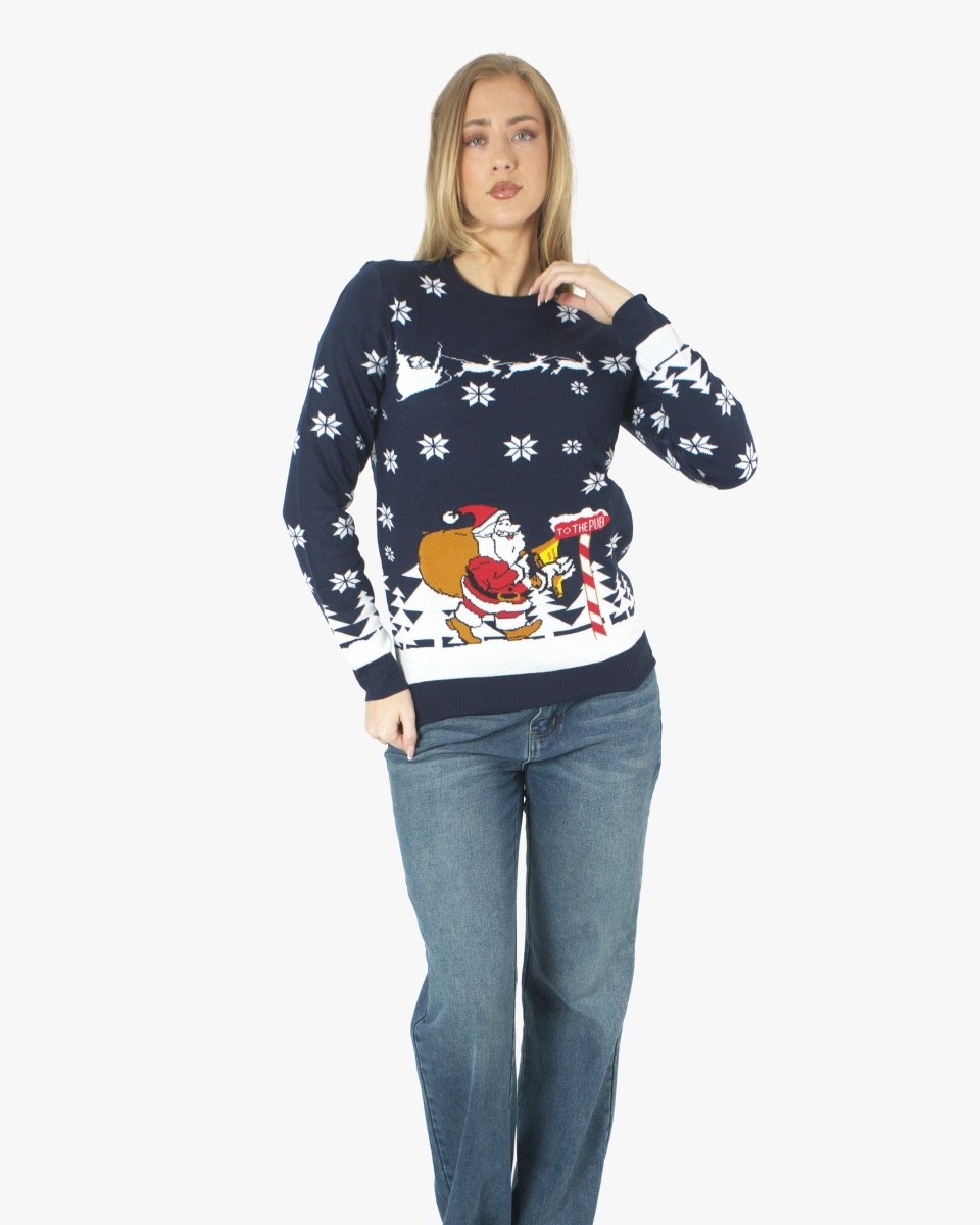 Santa to the Pub Navy Novelty Womens Jumpers