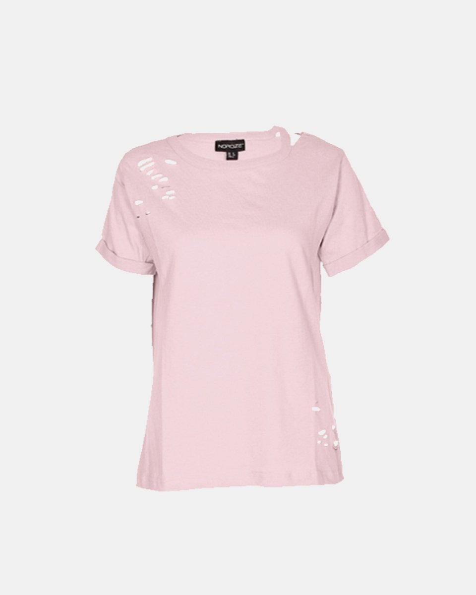 Shell Pink Ripped Holes Rounded Neck T-Shirt