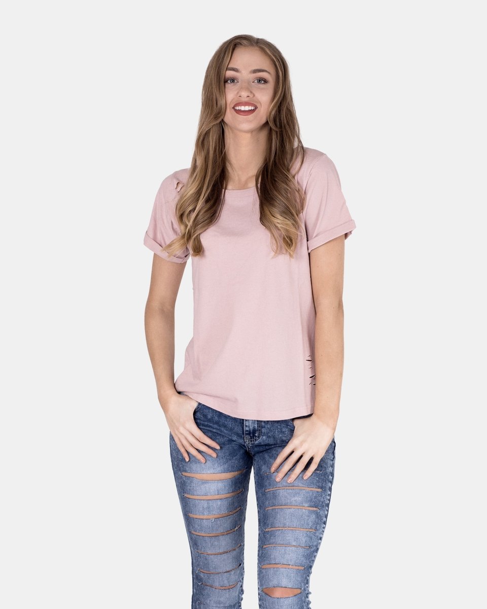 Shell Pink Ripped Holes Rounded Neck T-Shirt