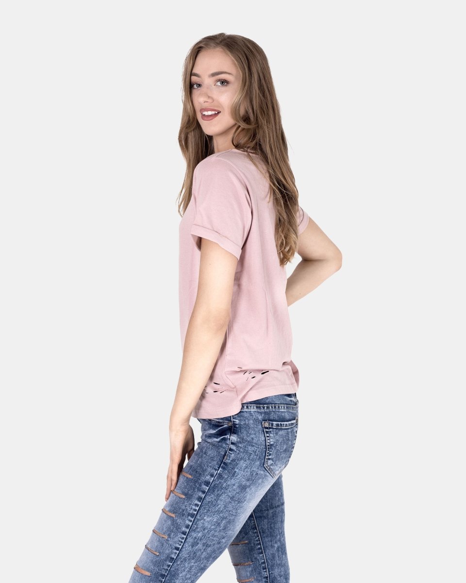 Shell Pink Ripped Holes Rounded Neck T-Shirt