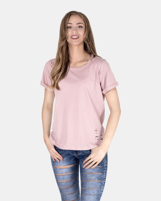 Shell Pink Ripped Holes Rounded Neck T-Shirt
