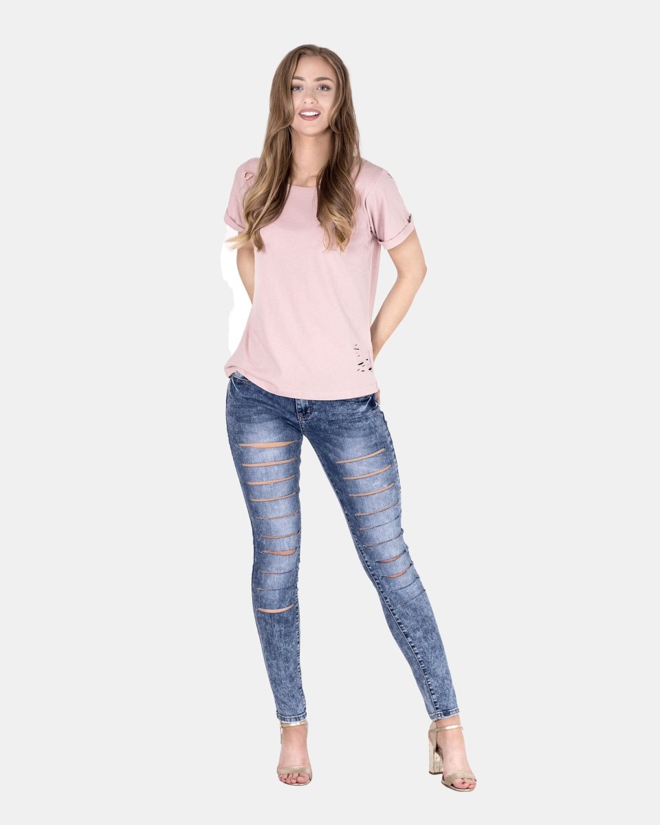 Shell Pink Ripped Holes Rounded Neck T-Shirt