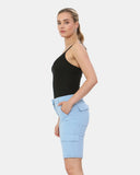 Sky Blue Turned Hem Bengaline Casual Shorts