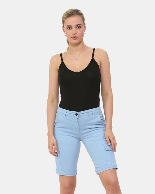 Sky Blue Turned Hem Bengaline Casual Shorts
