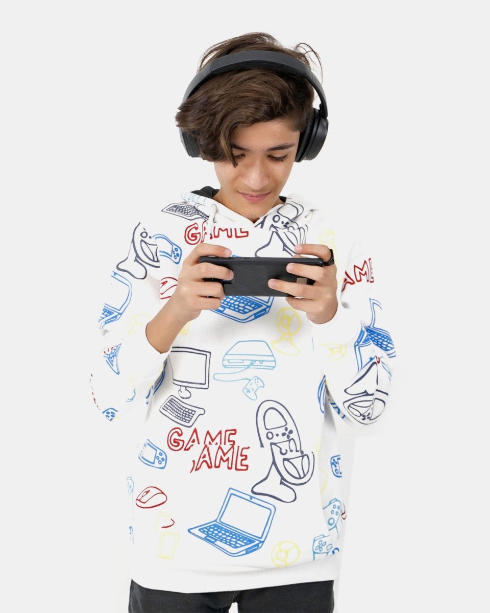White Boys Printed Gaming Hoodie