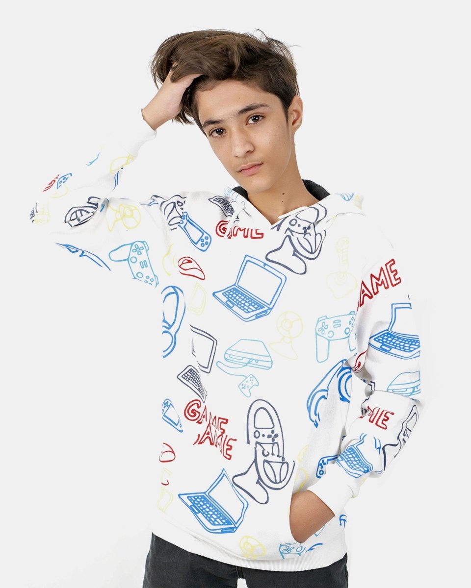 White Boys Printed Gaming Hoodie