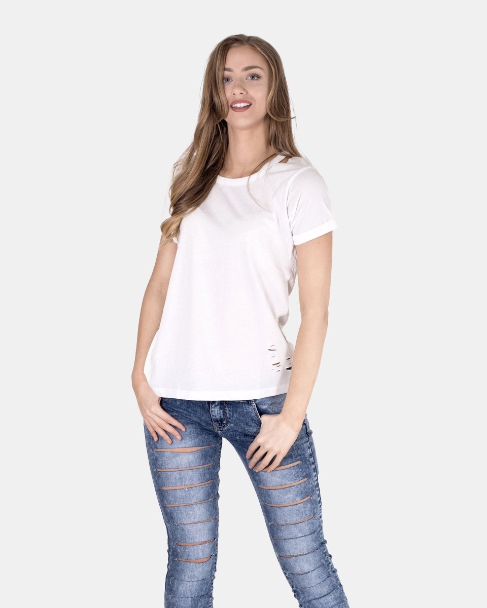 White Ripped Holes Rounded Neck T-Shirt