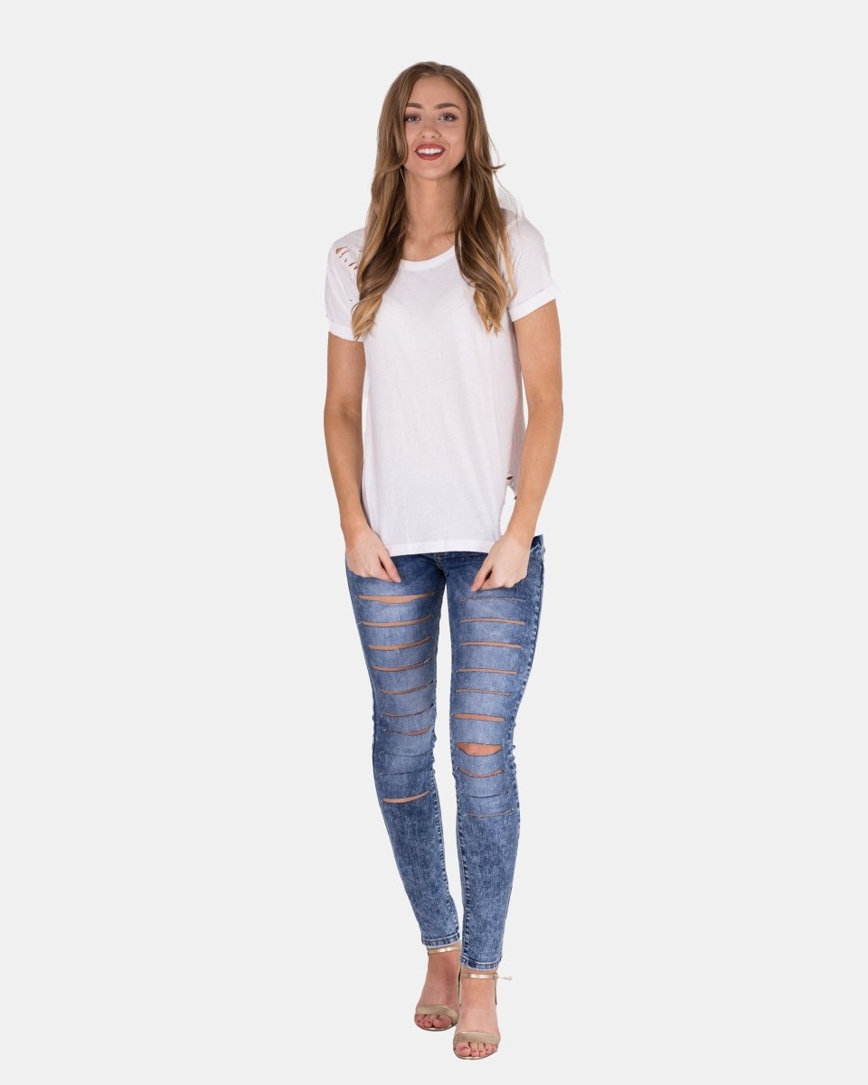 White Ripped Holes Rounded Neck T-Shirt