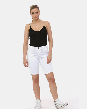 White Turned Hem Bengaline Casual Shorts