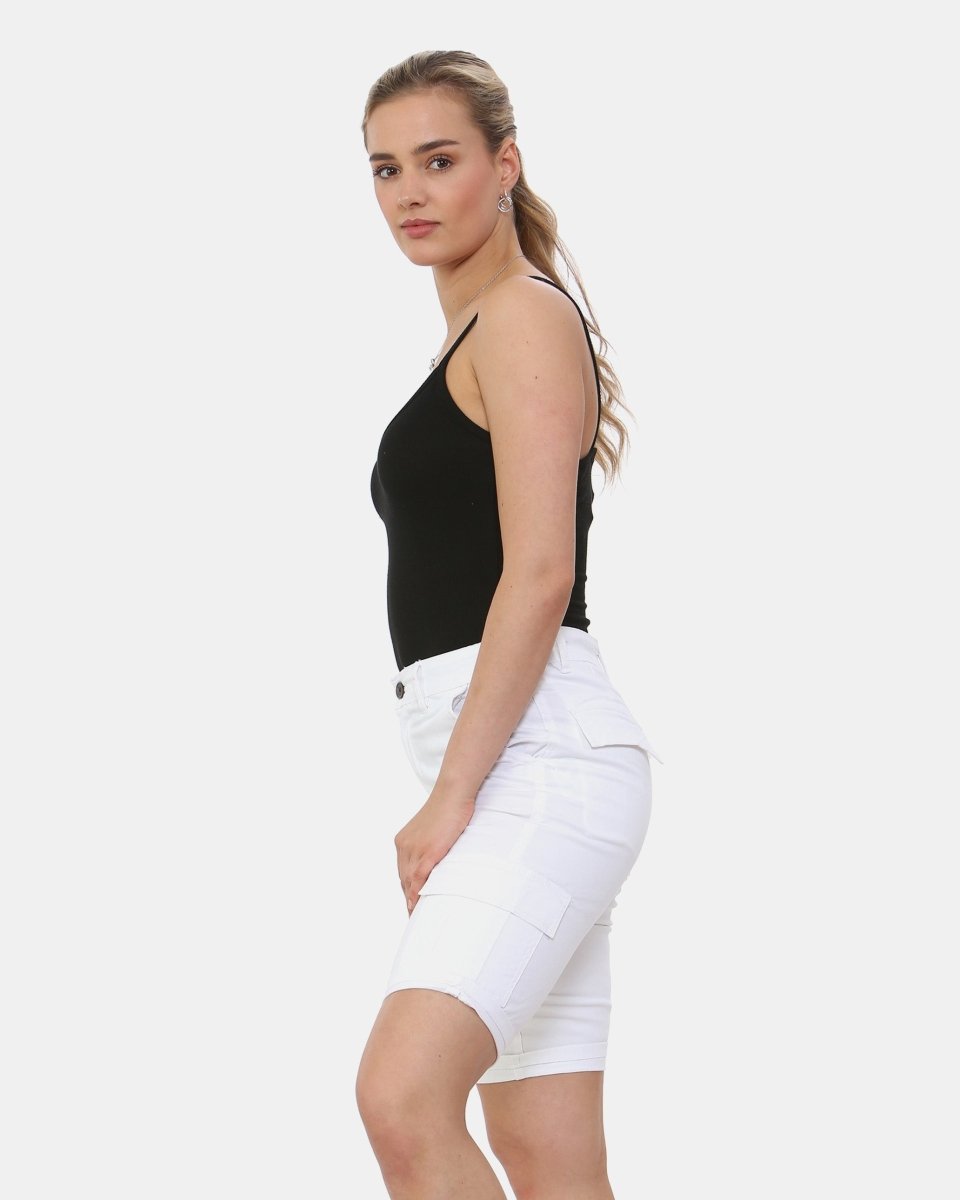White Turned Hem Bengaline Casual Shorts