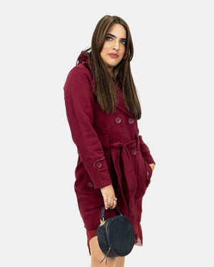 Wine Belted Button Fleece Coat