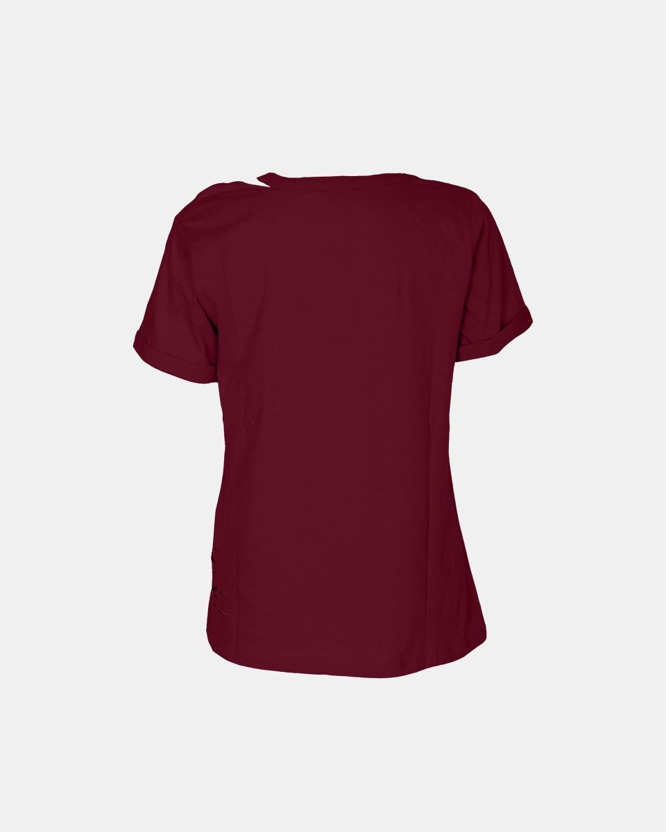Wine Ripped Holes Rounded Neck T-Shirt