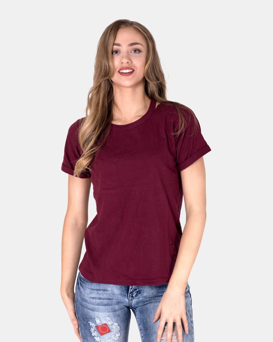 Wine Ripped Holes Rounded Neck T-Shirt