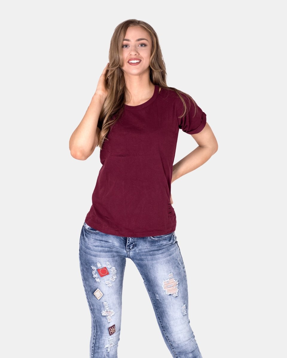 Wine Ripped Holes Rounded Neck T-Shirt