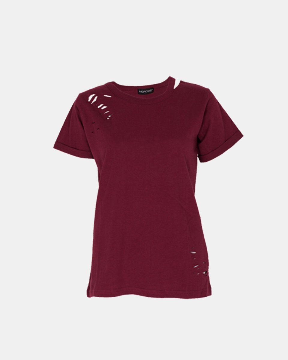 Wine Ripped Holes Rounded Neck T-Shirt