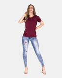 Wine Ripped Holes Rounded Neck T-Shirt