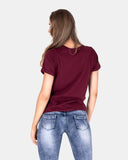 Wine Ripped Holes Rounded Neck T-Shirt
