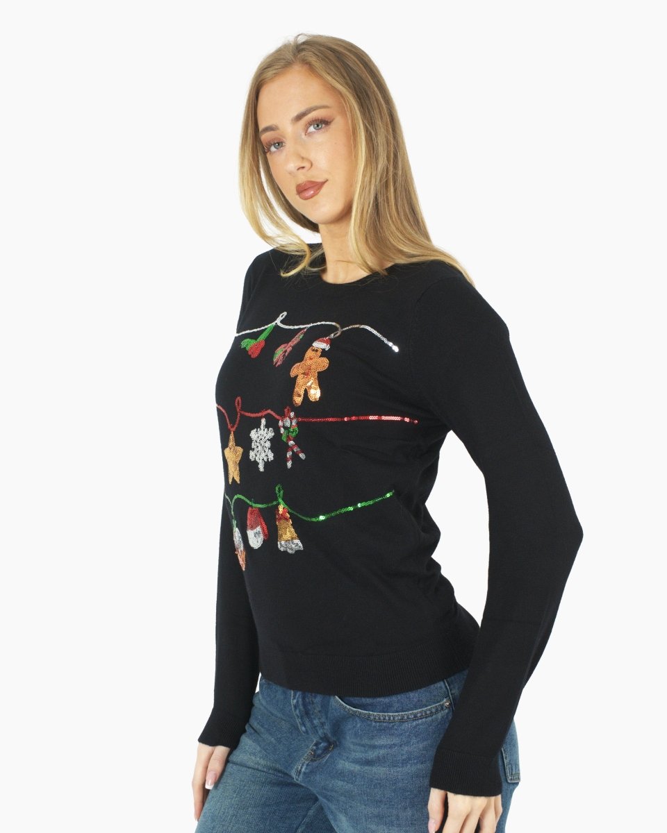 Women Black Bauble Bells Christmas Jumper