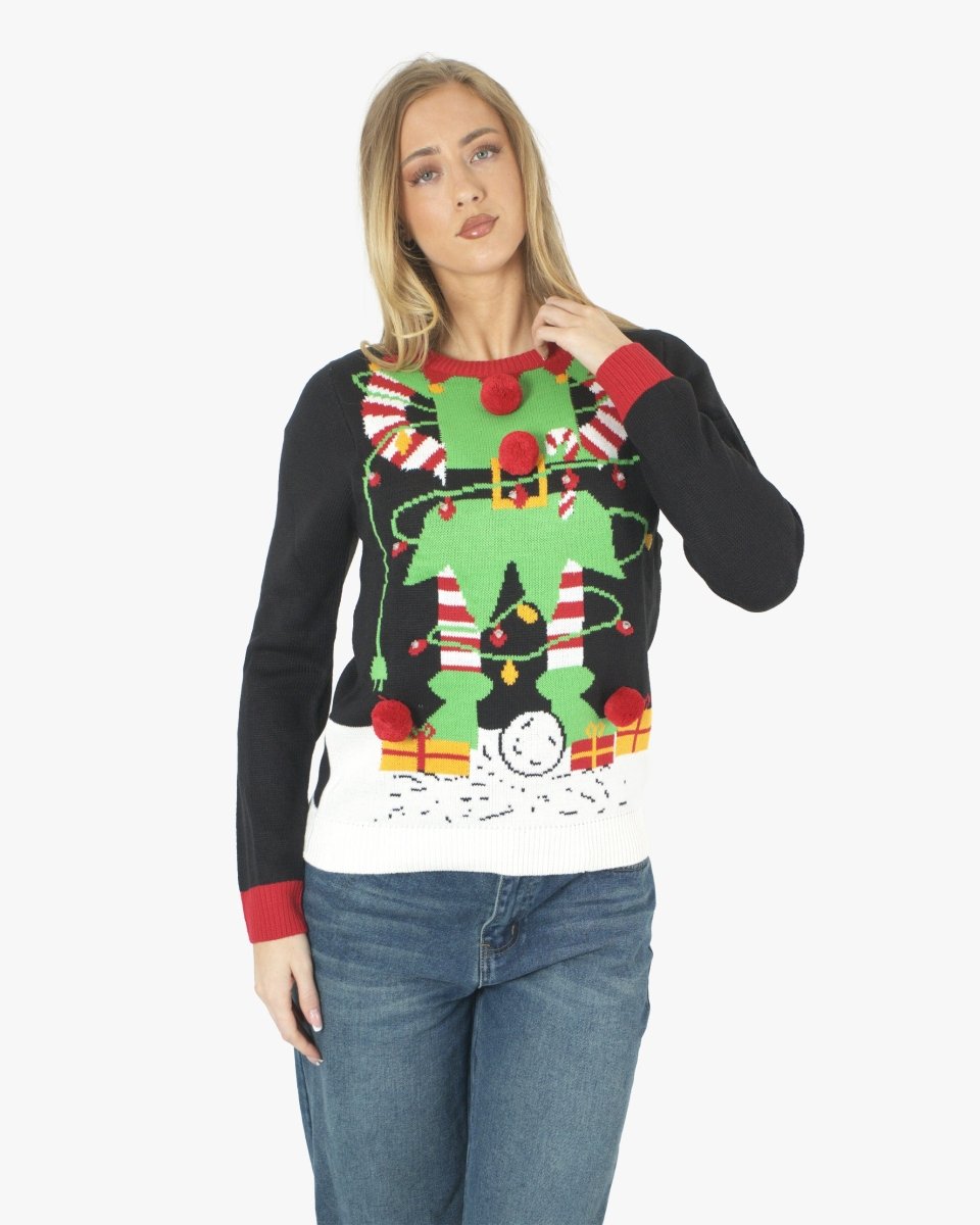 Women Elf Light Plug Black Christmas Jumper