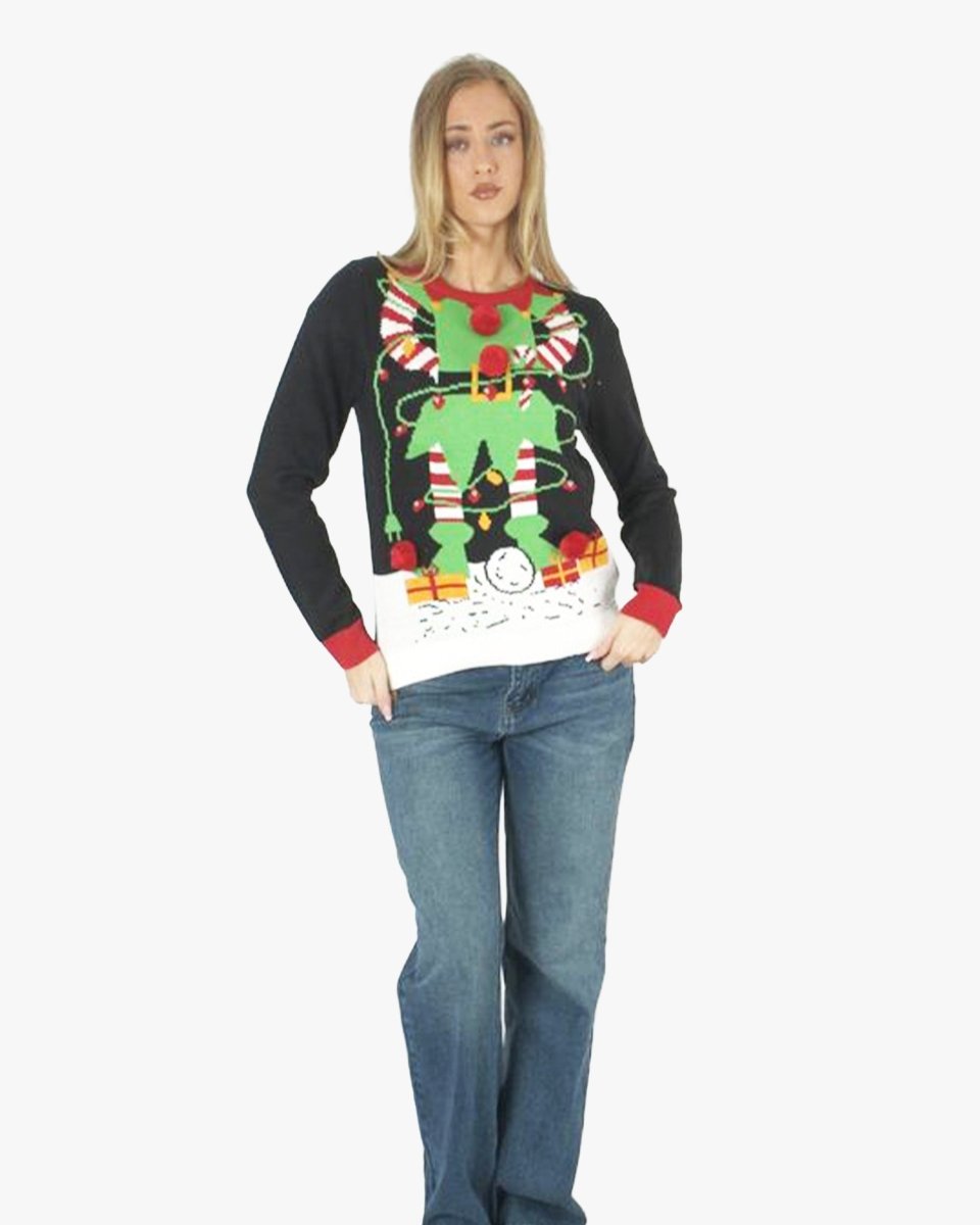 Women Elf Light Plug Black Christmas Jumper