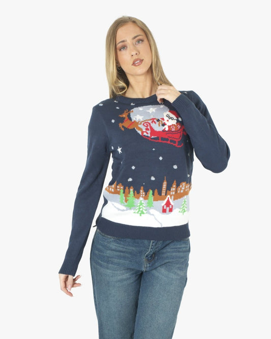 Women Flying Santa Sleigh Navy Christmas Jumper
