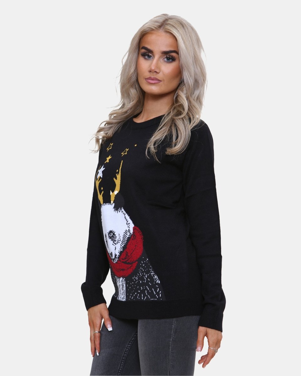 Women Panda Black Knitted Xmas Jumper