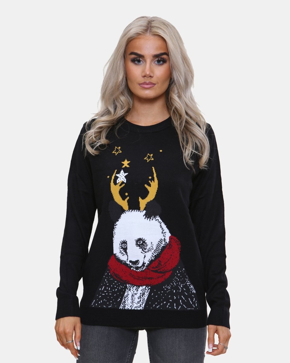 Women Panda Black Knitted Xmas Jumper