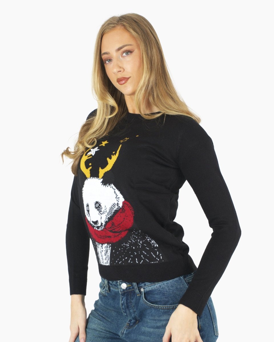 Women Panda Black Knitted Xmas Jumper