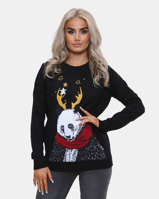 Women Panda Black Knitted Xmas Jumper