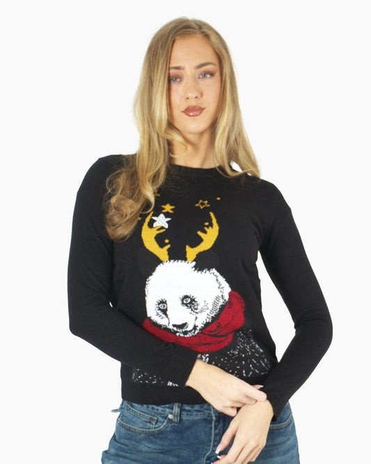 Women Panda Black Knitted Xmas Jumper