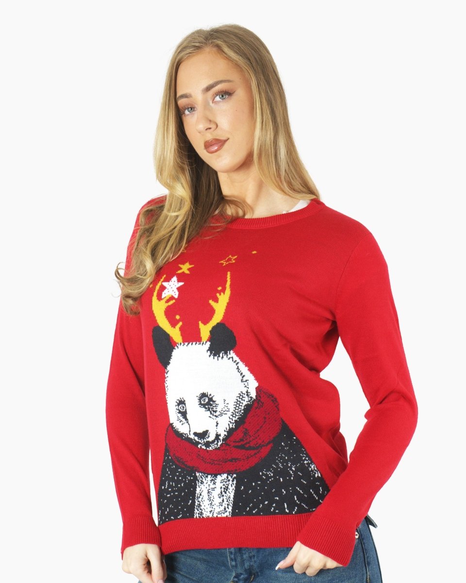 Women Panda Red Knitted Xmas Jumper