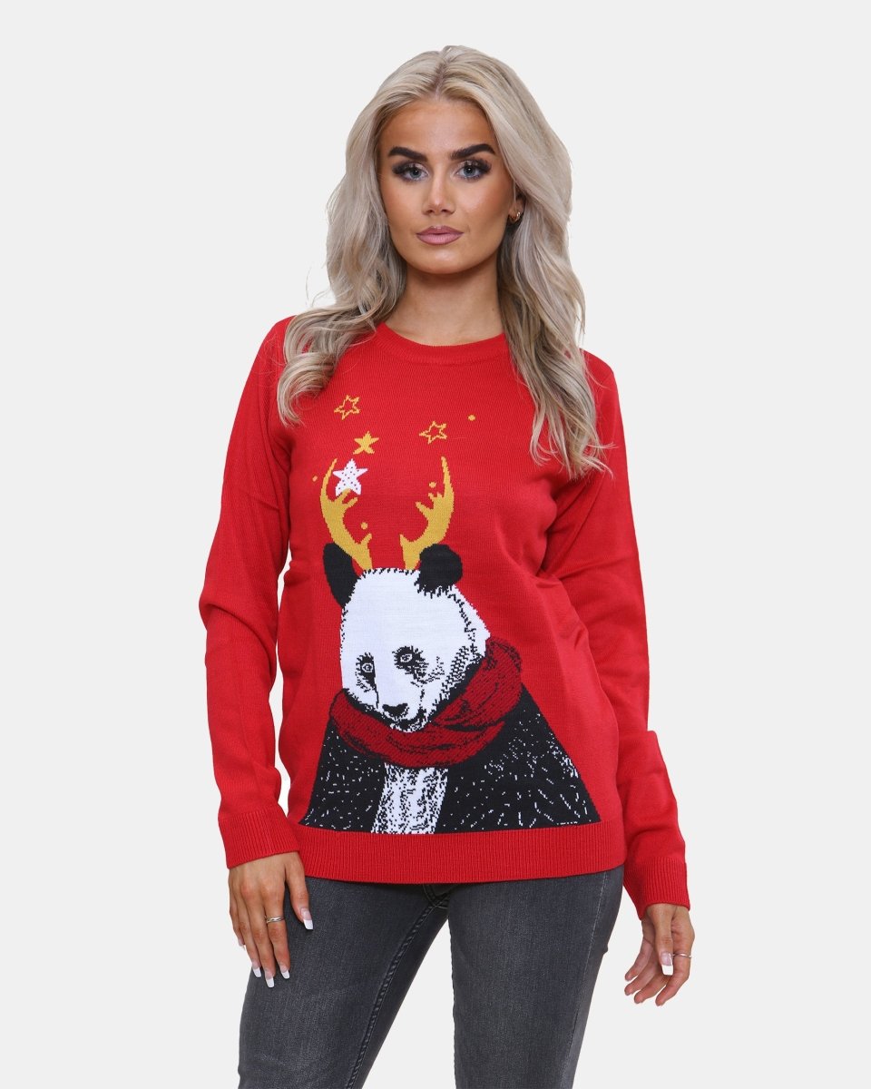 Women Panda Red Knitted Xmas Jumper