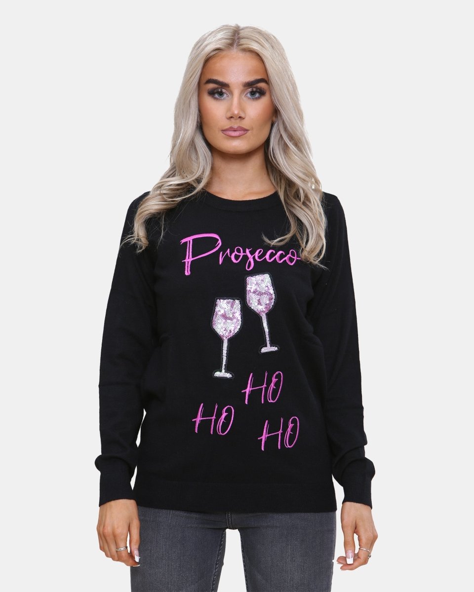 Women Prosecco Sequin Black Xmas Jumper