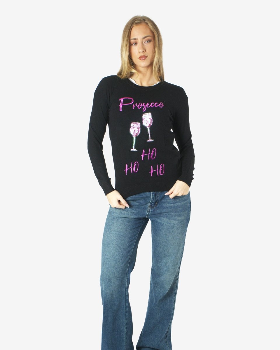 Women Prosecco Sequin Black Xmas Jumper