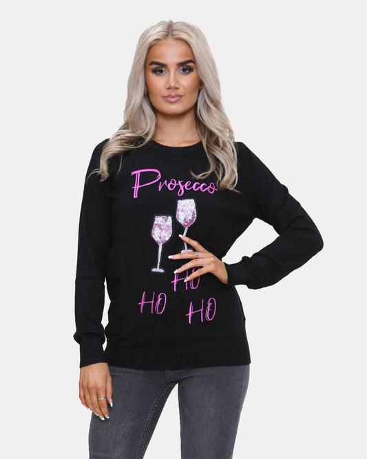 Women Prosecco Sequin Black Xmas Jumper