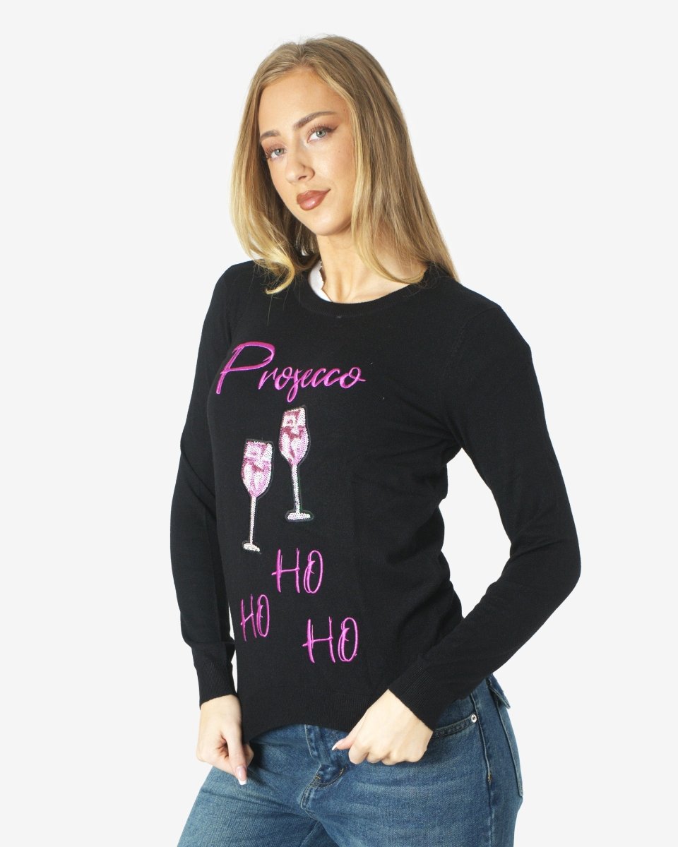 Women Prosecco Sequin Black Xmas Jumper