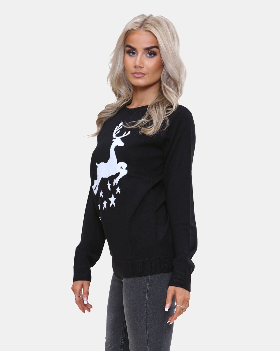 Women Reindeer Stars Black Jumper