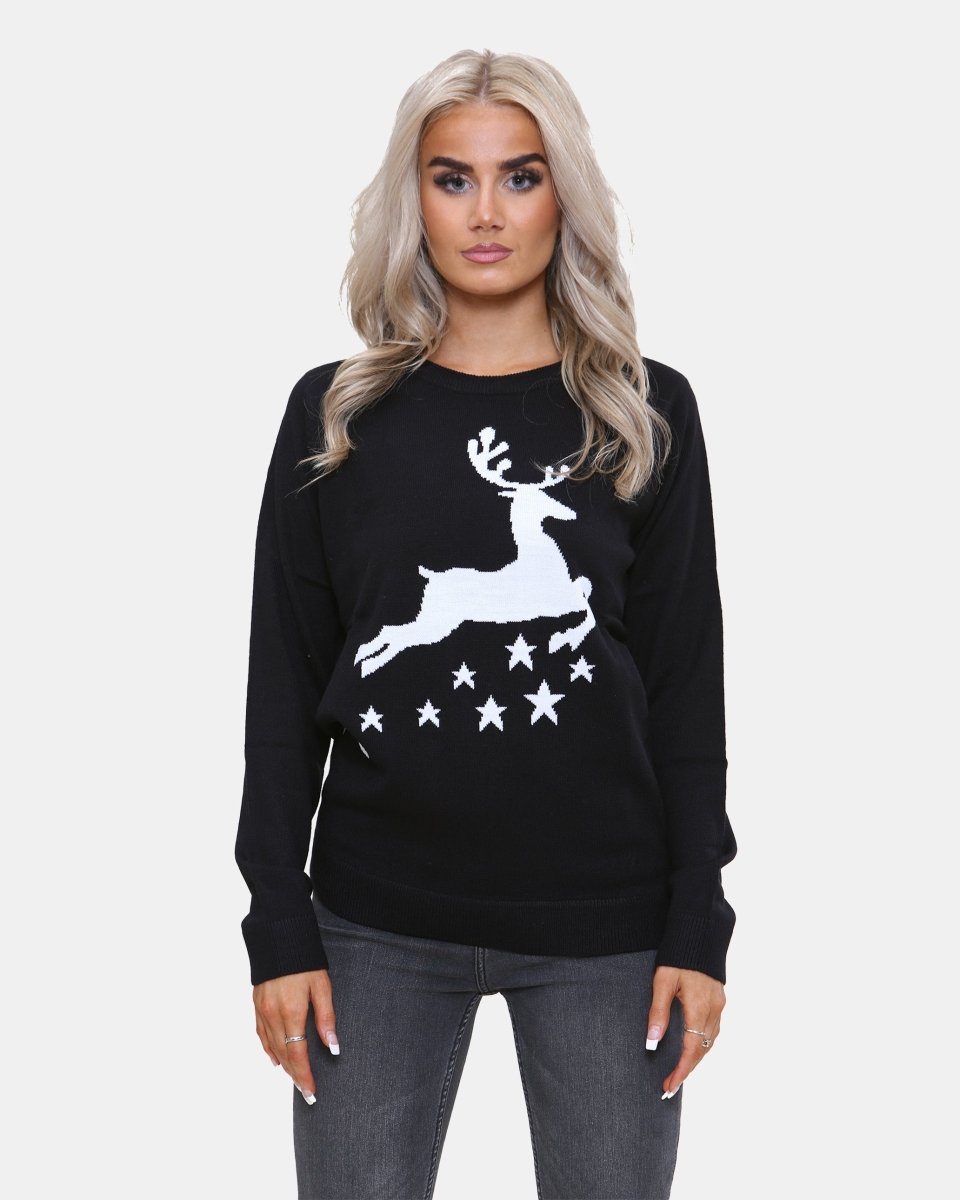 Women Reindeer Stars Black Jumper